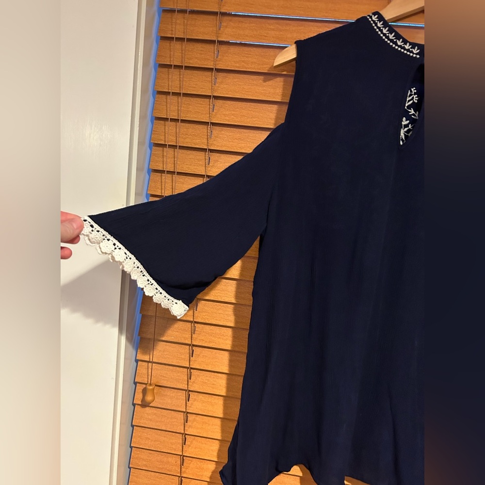 Like NEW new directions Navy Cold-Shoulder Tunic with White Embroidery - Picture 7 of 7